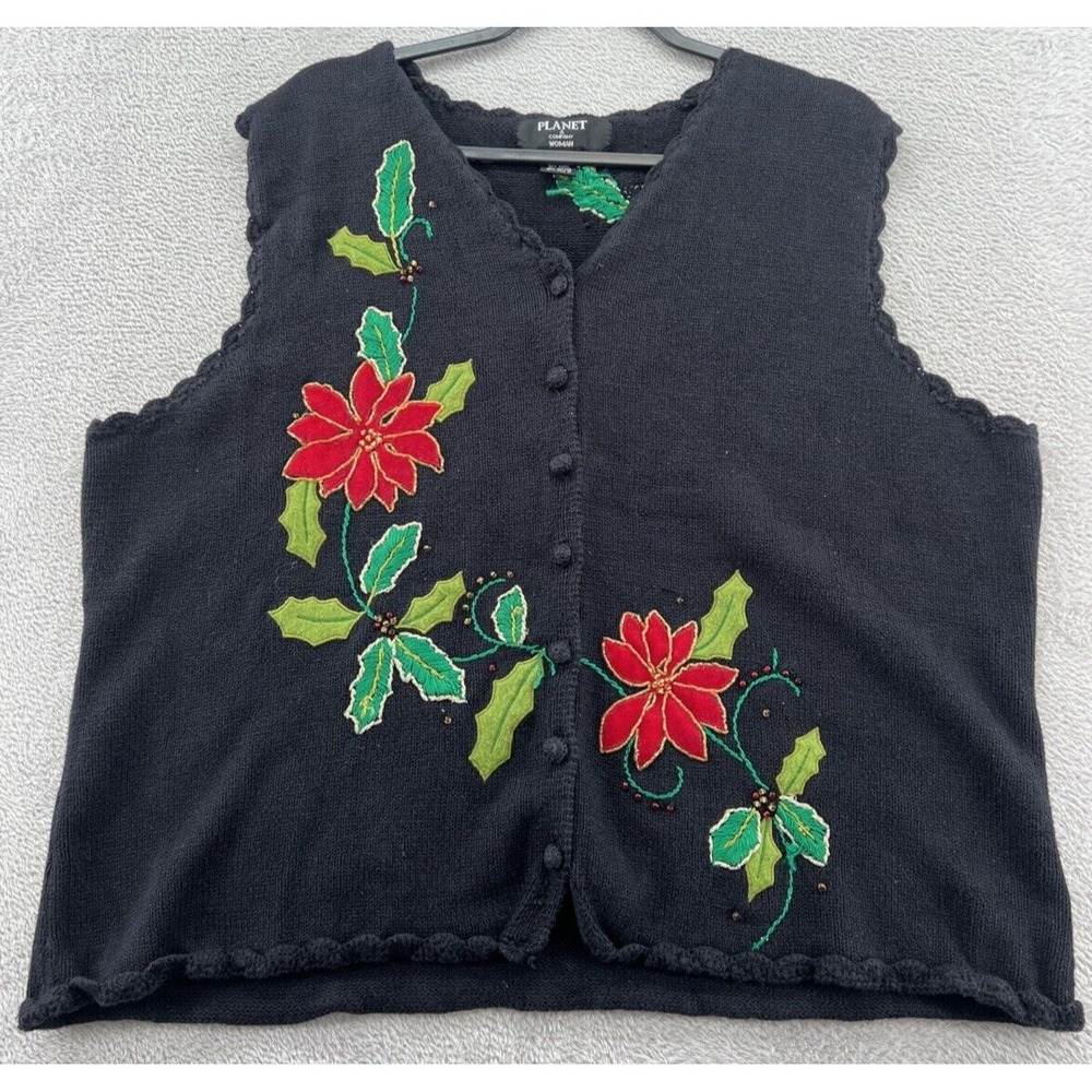 VTG Planet & CO Sweater Vest Womens 2X Black Cardigan Holly Leaves Christmas Emb